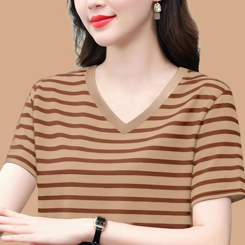 Sommer V-Ausschnitt Oberteil Baumwolle Gestreift Kurzarm T-Shirt Damen Locker T-Shirt