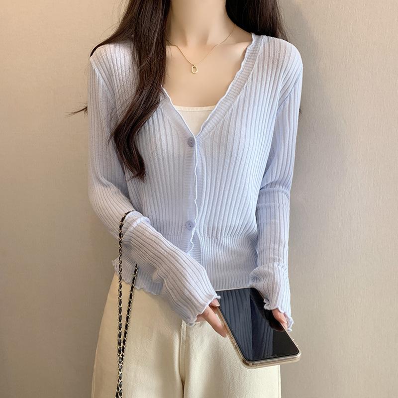 Baby blue ice silk knitted sunscreen cardigan women's summer fungus edge shawl Korean thin small coat top