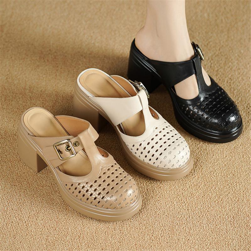 Fashion New Summer Slippers Genuine Leather Slippers for Women Fashion Hollow Out Mules Round Toe High Heels Cover Toe Slippers Sandals