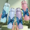 1PC Deep Blue Butterfly Realistic Print 750ml Color Plastic Sports Water Bottle Leakproof Flip Straw Lid Suitable for Sports Office Home Use