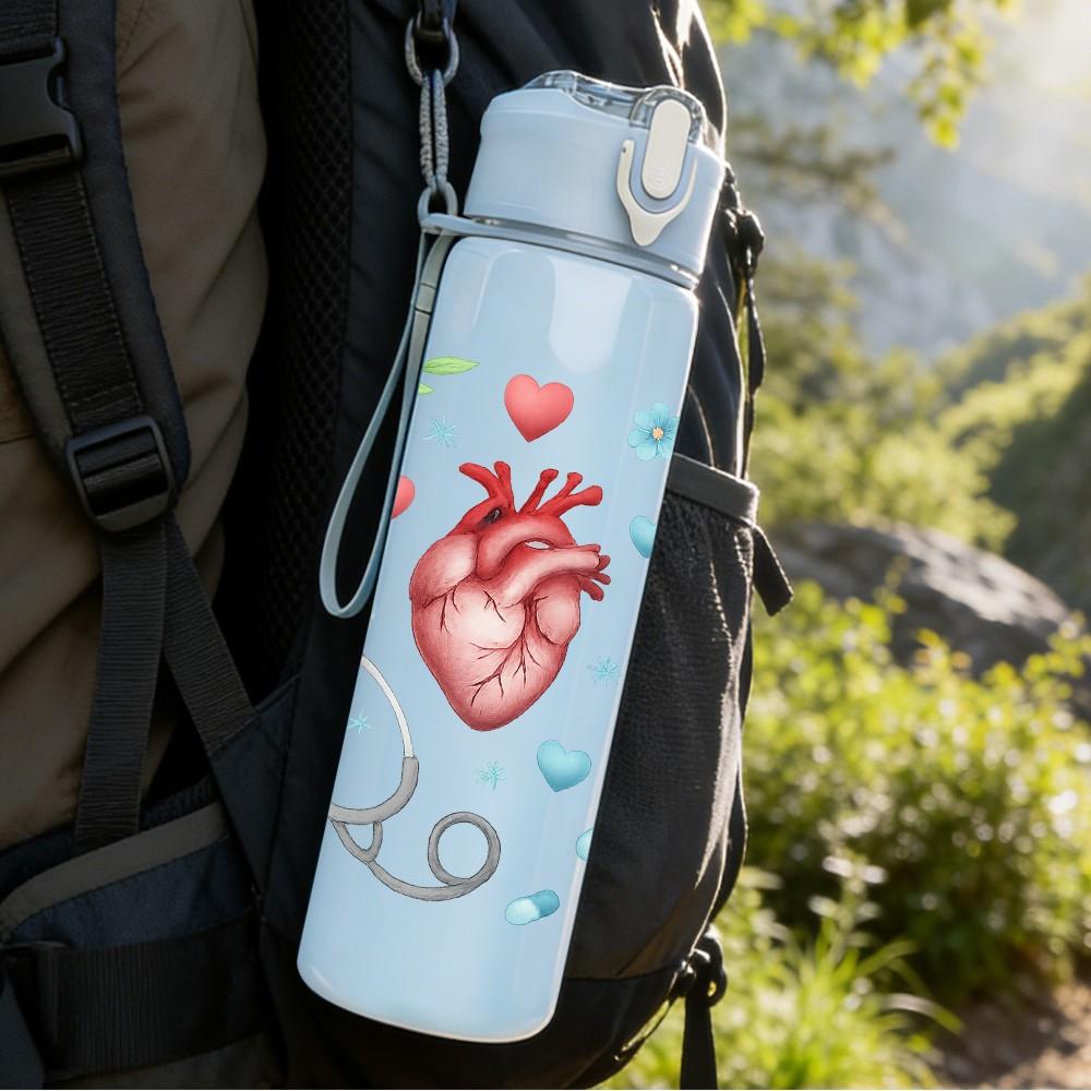 1PC Heart Stethoscope Medical Pattern 750ml Color Plastic Sports Water Bottle Leakproof Flip Straw Lid Suitable for Sports Office Home Use