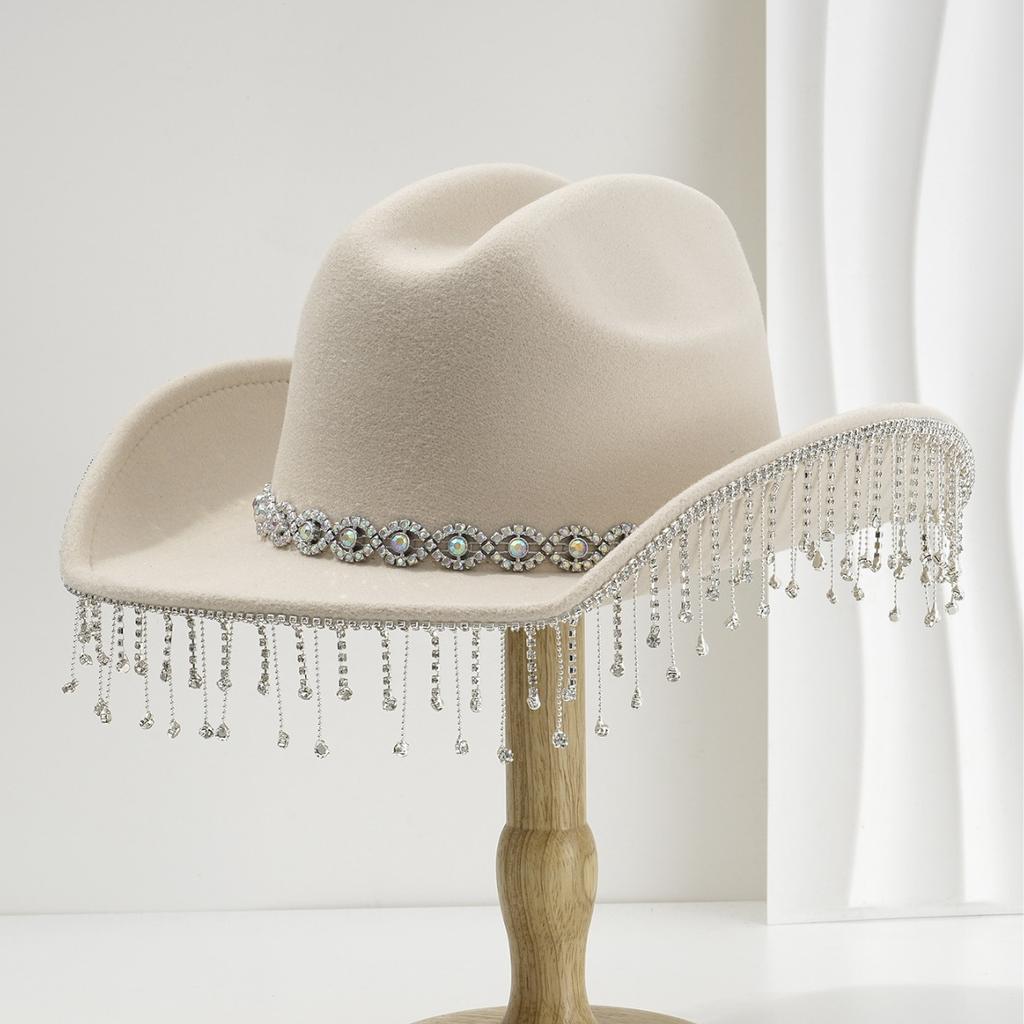 Ladies Wedding Bridal Top Hat, Western Curled Cowboy Hat, Eye Jewel with Fringed Rhinestones, Holiday Travel