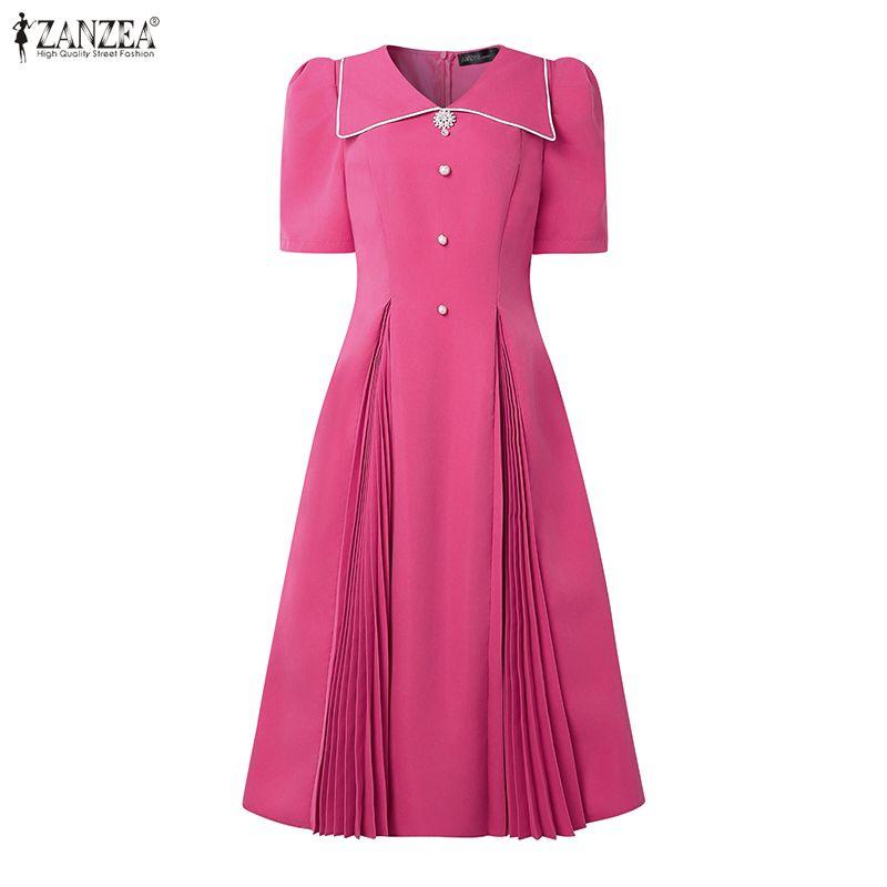 ZANZEA Rochie Lungă Elegantă Casual pentru Femei cu Guler Păpușă și Mâneci Scurte