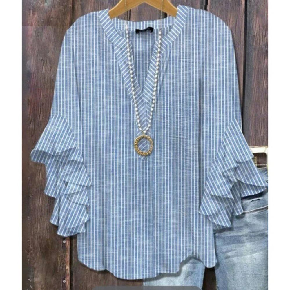 Large Women's Bohemian V-neck Shirt with Ruffle Sleeves, Grey Brown Floral Print Top, Casual Breathable Machine Washable Pullover