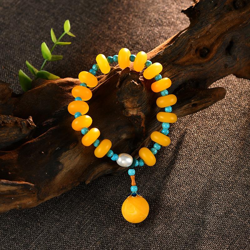 Vintage Bohemian Beeswax Bracelet, Chicken Oil Yellow Single Circle Turquoise Multi Treasure Bracelet Pendant, Temperament Accessory for Women
