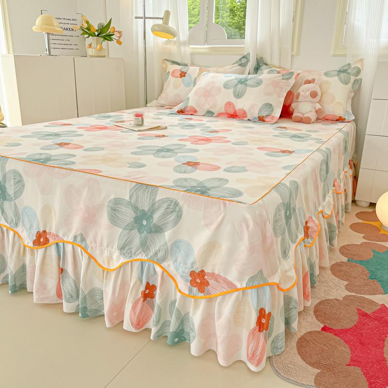 Printed Bed Skirt with Pillowcase Queen Size Bed Cover Set Ruffles Mattress Protector Home Bed Linen Soft Bedspread Jupe De Lit