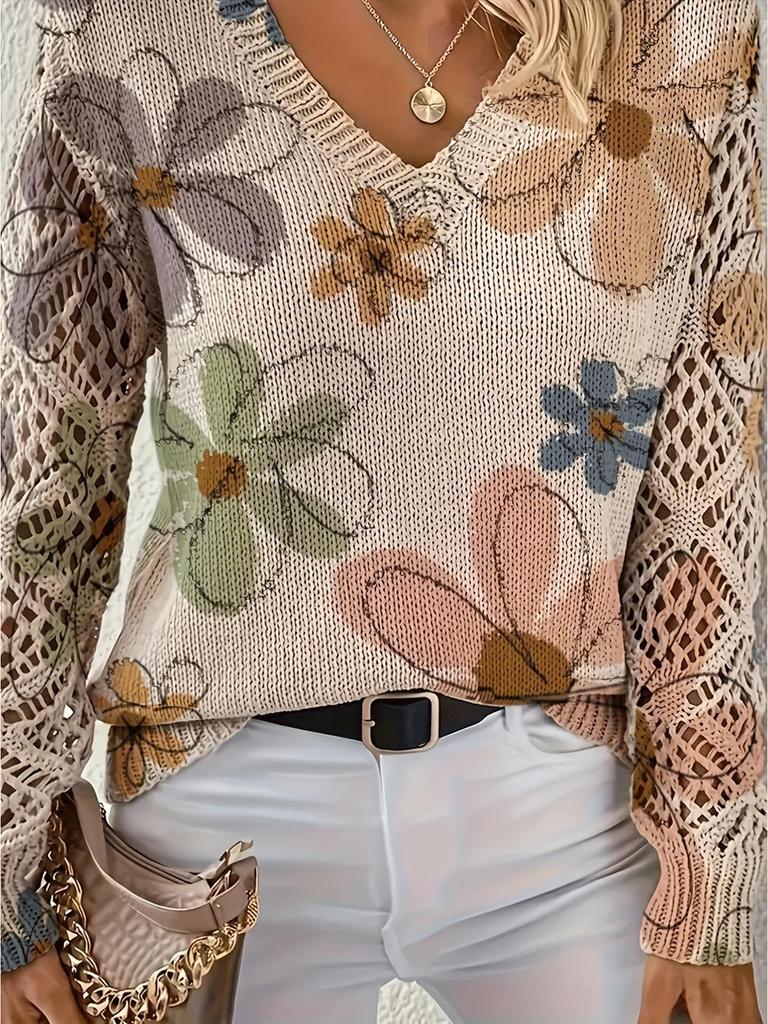 Elegant Bohemian Floral V-Neck Long Sleeve Sweater Pullover