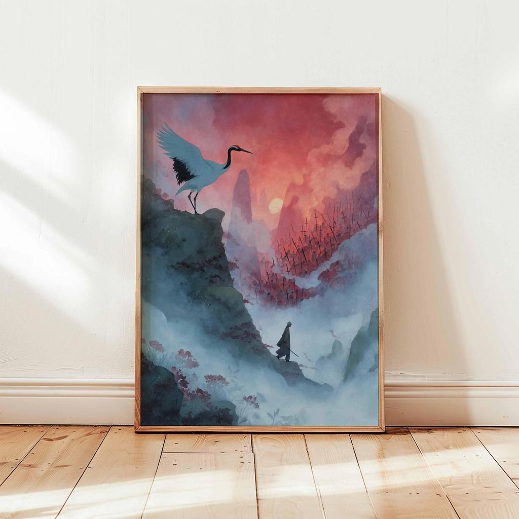 Cranes Flying Poster, Japanese Art Print, Traditional Ink Painting, Elegant Bird Art, Nature Wall Decor Oriental Landscape Decor