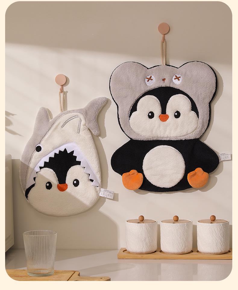 Penguin Coral Fleece Hand Towel - Extra Large & Thick, Hanging, Dual-Use, Water Absorbent, Quick-Drying, Non-Shedding