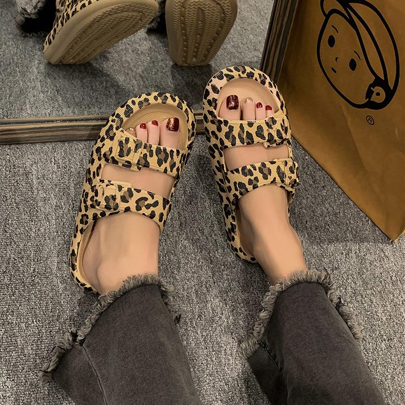 Summer Ladies Comfort Slippers Leopard Soft Thick-Soled Cloud Slides Travel Vacation Beach Shoes Ladies Sorals