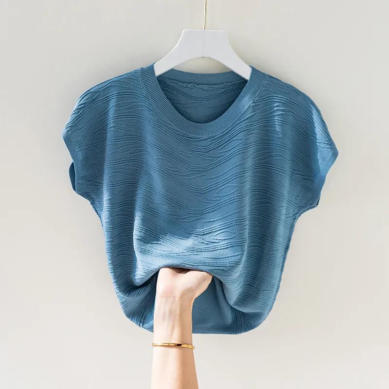Zomer Ronde Hals IJszijde T-shirt met Korte Mouwen Damesmode Textuur Trui Top
