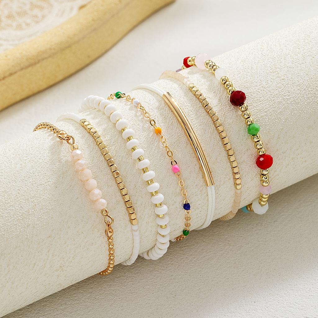 Bohemian 7-Piece Beaded Bracelet Stack Multicolor Gold White Stackable Jewelry Summer Gift Set for Women Girls