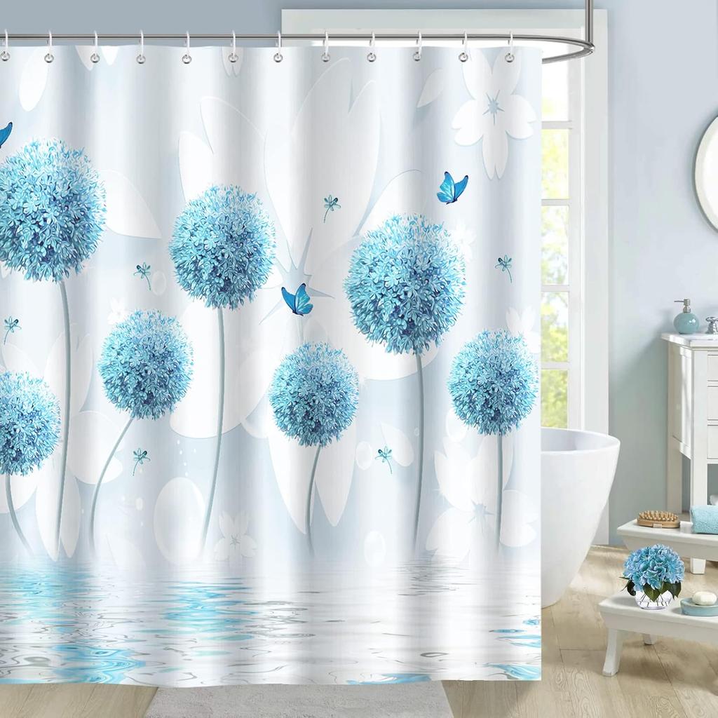 Dandelion Blue Flower Butterfly Shower Curtain Polyester Waterproof Washable Bathroom Decorative Shower Curtain With 12 Hooks