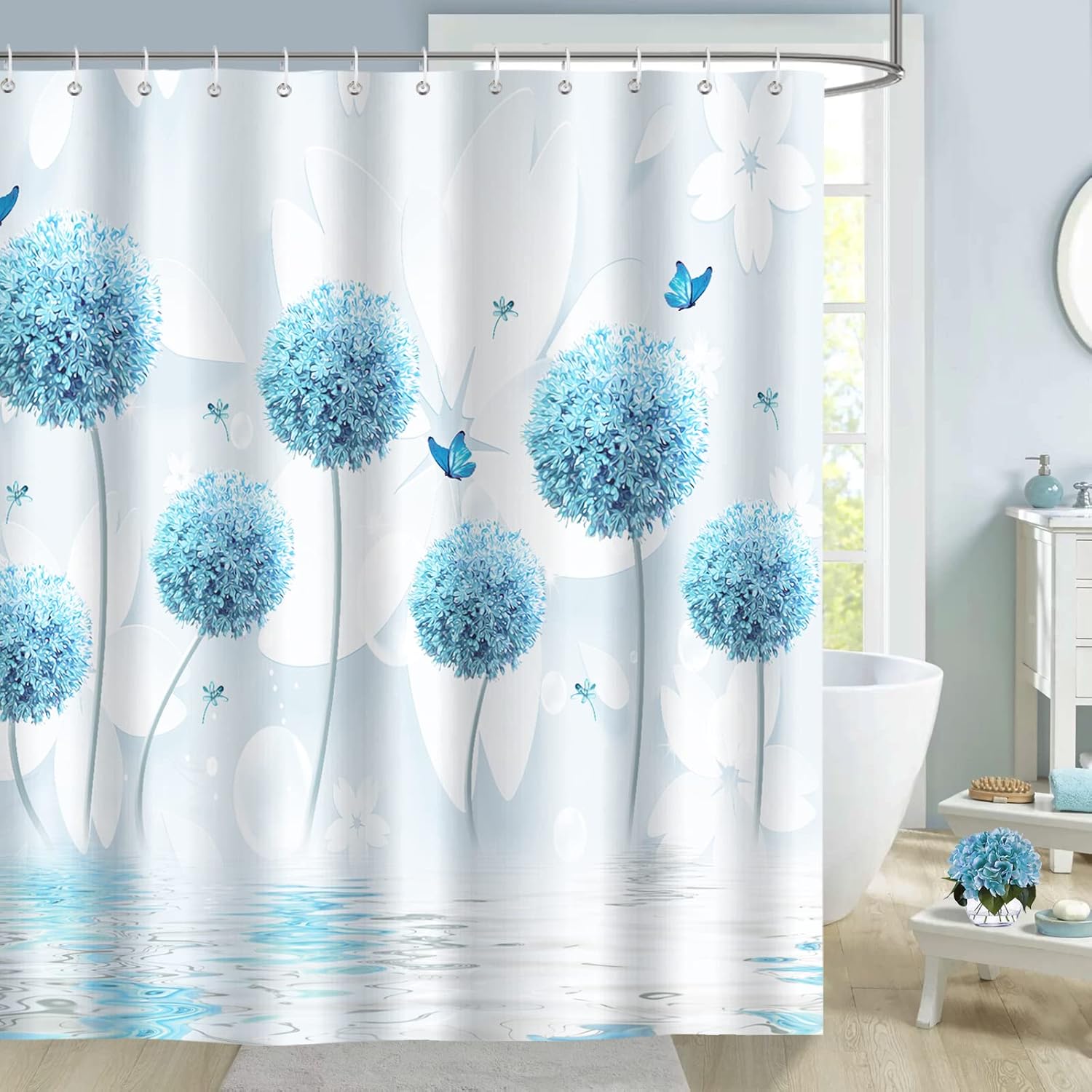 Baifenbai Home Furnishing Blue Dandelion Flower Butterfly Shower Curtain Polyester Waterproof Washable Bathroom Decorative Shower Curtain With 12 Hooks
