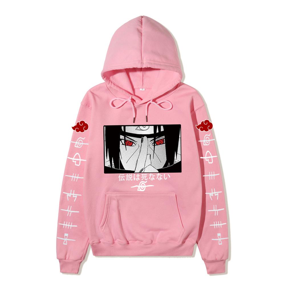 Anime Naruto Itachi Uchiha Hoodie Double Sleeve Akatsuki Cloud & Symbol Print Sharingan Character Front Print Pullover Sweatshirt Men Women Streetwear