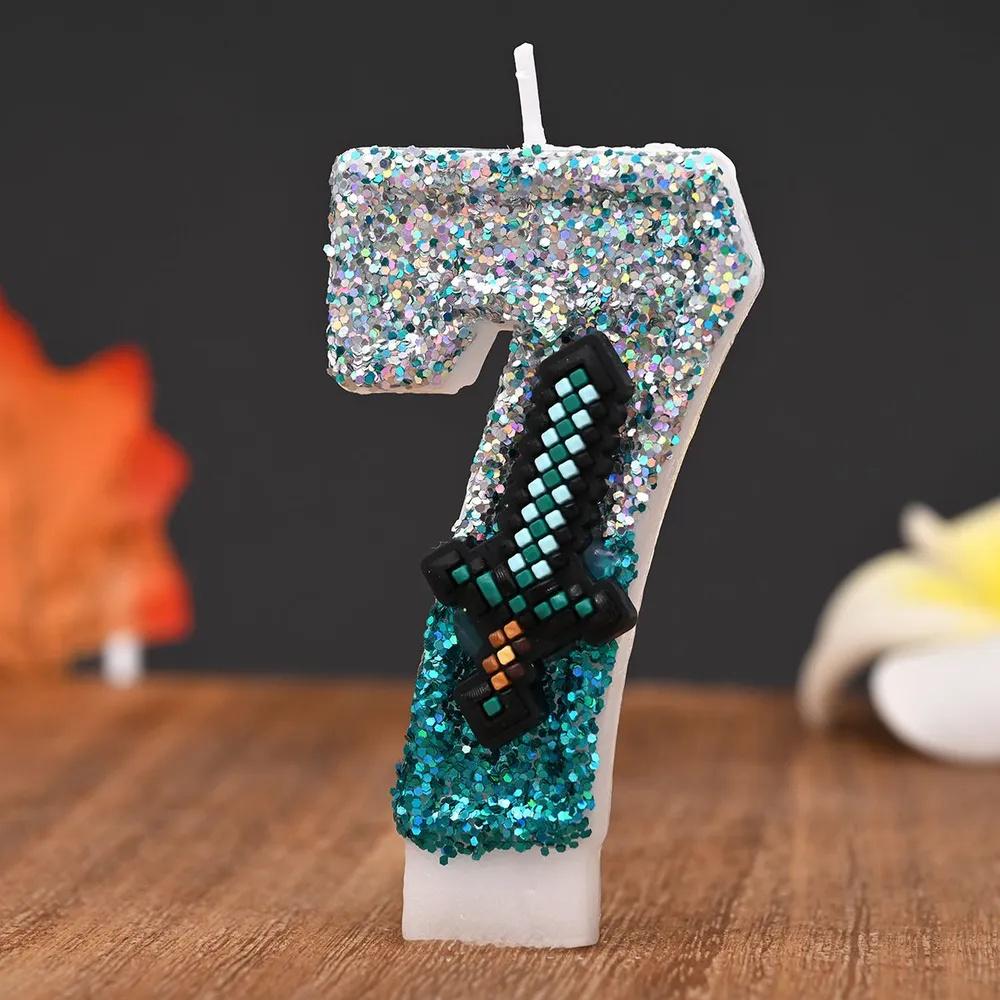 

Cartoon Number Candle Set 0-9 with Gemstone Sword Design for Birthday Cake Decoration and Party Supplies One Size