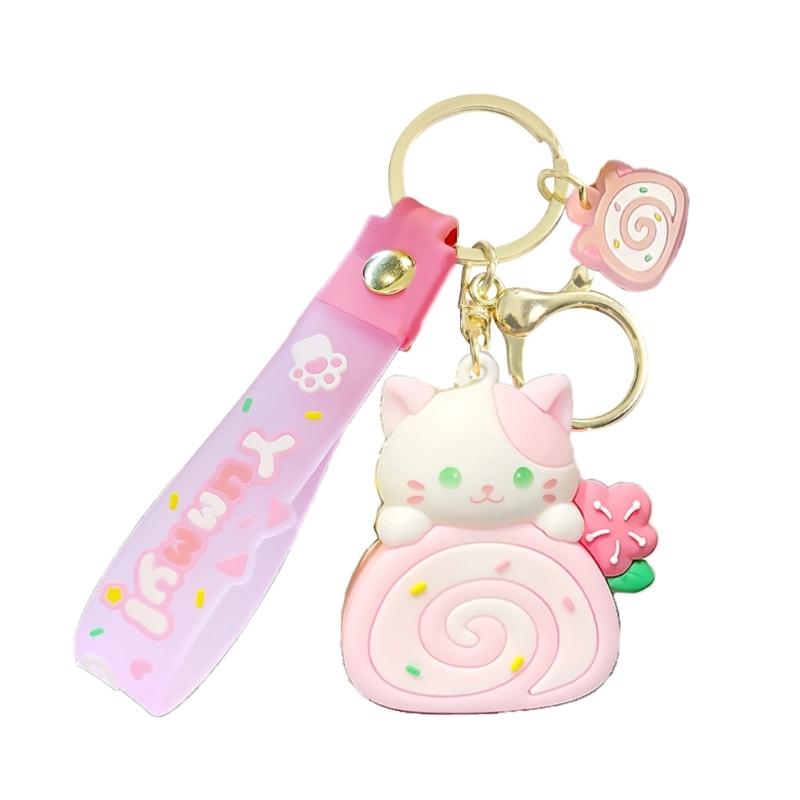 Cartoon Cat Cake Roll Keychain Jewelry Chic Cat Cake Roll Pendant Keyrings Phone Lanyard Key Chain Charm for Bag Purse