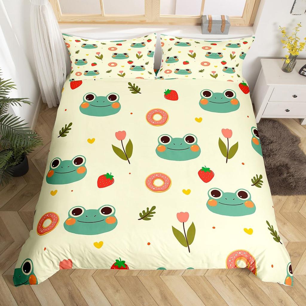 Kawaii Frog Dynetrekk King Queen Tegneserie Dyretema Sengesett Funny Wildlife Dynetrekk Barn Soverom Mykt Dynetrekk