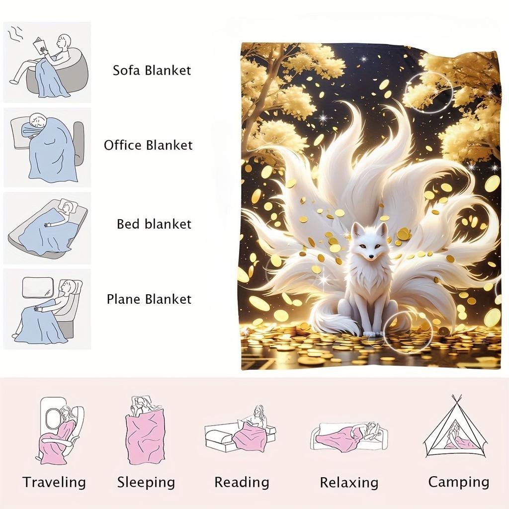 Enchanted Fox Blanket - Soft Throw with Golden Leaves, Sparkling Design, Perfect for Bedroom Decor, Unique Fantasy Gift