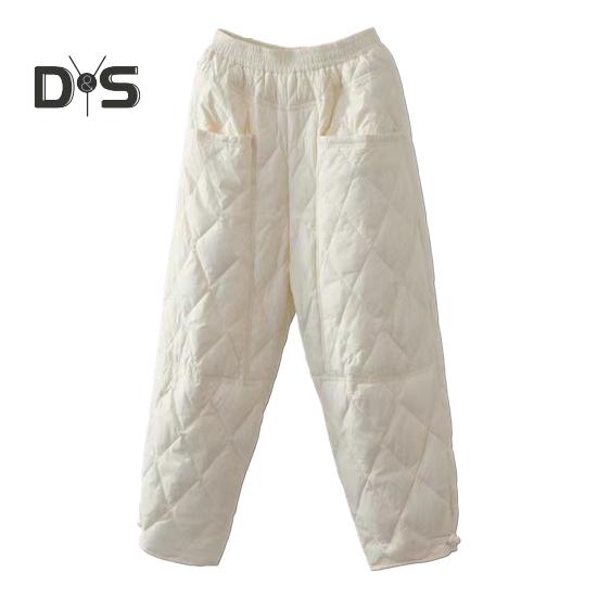 

Женские зимние брюки с эластичной резинкой на талии и подкладкой, толстые однотонные свободные мягкие теплые карманы с ромбовидной текстурой, повседневные брюки до щиколотки в стиле ретро, ​​женские осенние брюки 2XL бежевый