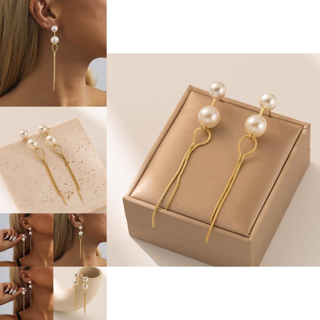 Stylish Long Faux Pearl Earrings For Women Trendy Geometric Chain Dangles