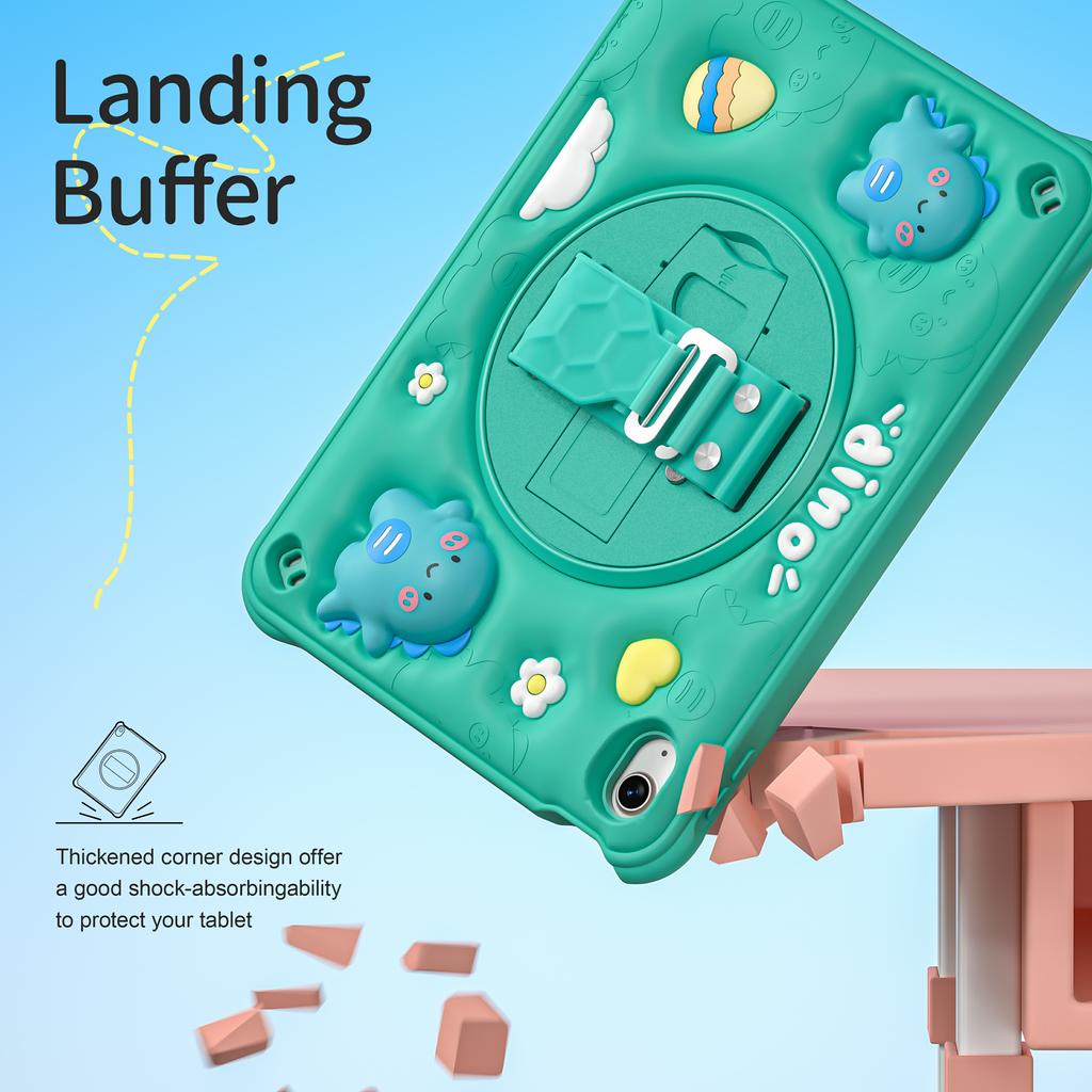 For iPad (2025)/10.9 (2022) Case with Shoulder Strap Cartoon Dinosaur Kickstand PC+Silicone+TPU Cover