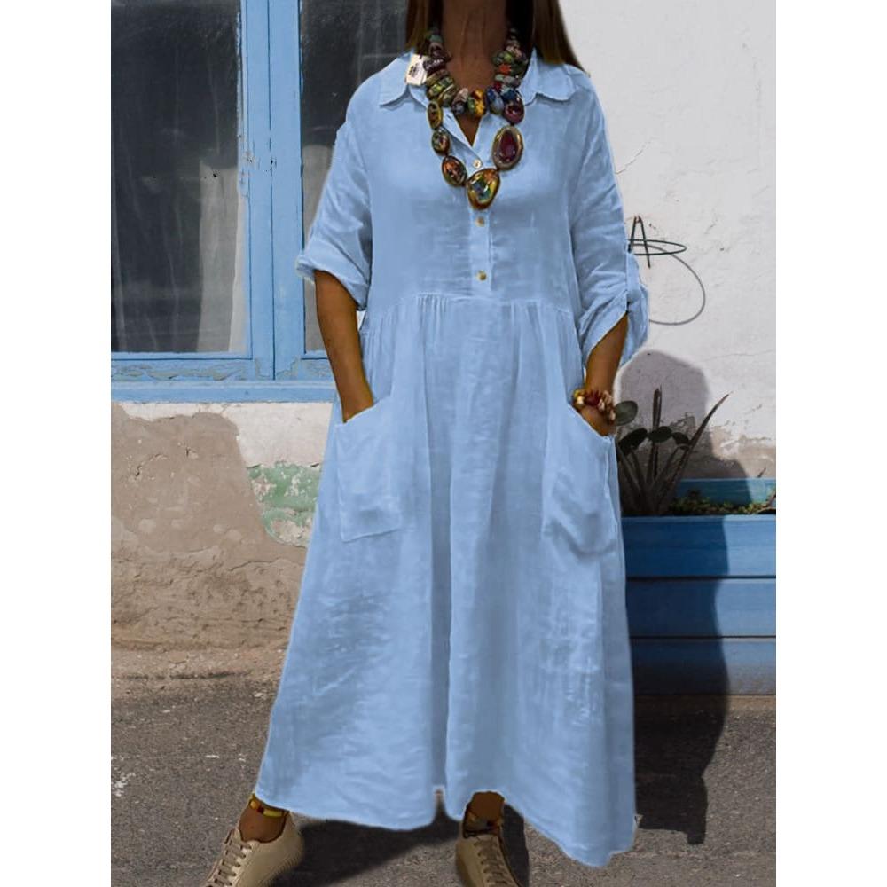 New Women's Loose Solid Color Vacation Casual Button Artistic Style Fashionable Dress