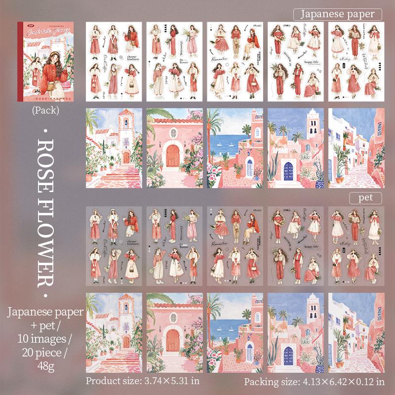 20 Sheets/pack Dual Material Self-Adhesive Sticker Book Cozy Journey Series Character Travel Theme Holiday Decoration