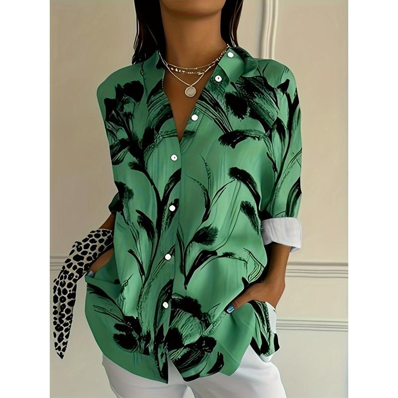 European and American 1D Digital Printing Stand-up Collar Long-sleeved Shirt Women's Loose Hawaiian Style Vacation Casual Top Trend