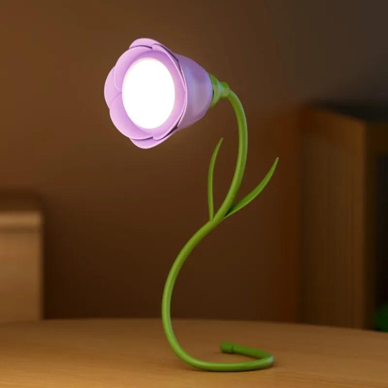 Rose LED Desk Lamp Bendable Rechargeable Dimmable Flower Night Light with Brightness Memory Creative Gift for Women/Wife/Girl