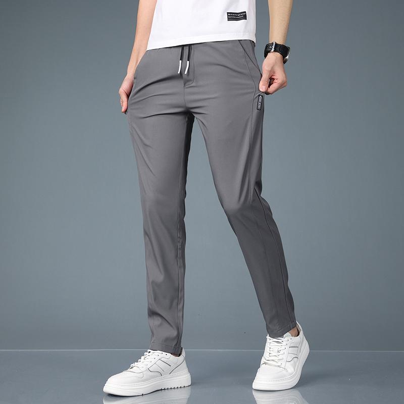 Ice Silk Men's Pants Summer Black Gray Thin Business Casual Pants Outdoor Elastic Breathable Straight Leg Sweatpants