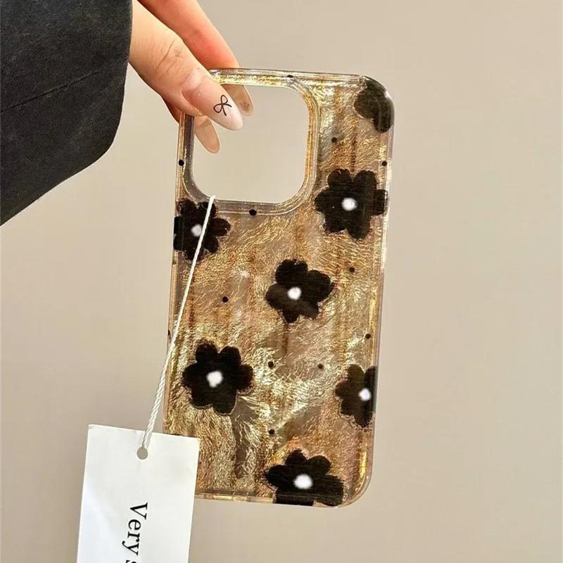 Retro Brown Black Spots Flowers Tinfoil Pattern Phone Cover Case for IPhone 16 16e 15 14 13 12 11 Pro Max 7 8 Plus X XR XS Cover