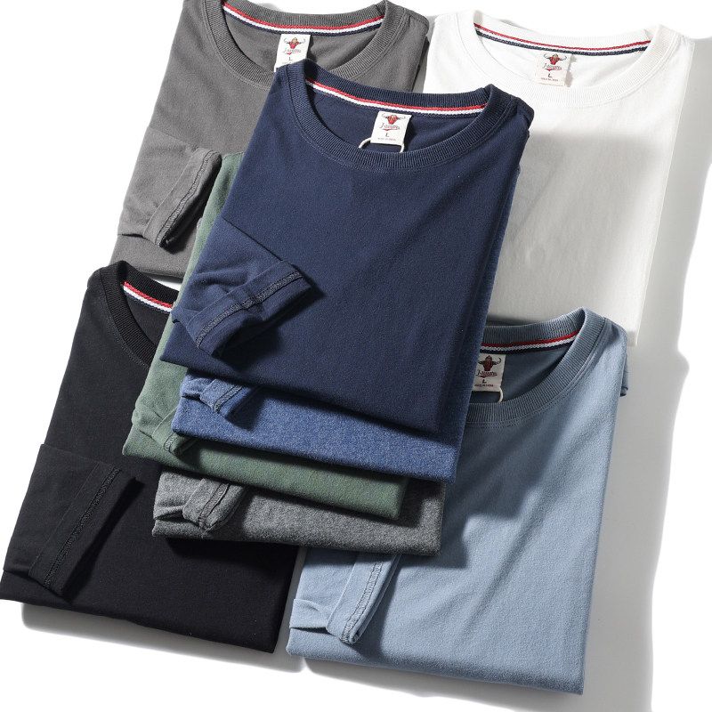 Export Tail Order T-Shirt Men's Long Sleeves Pure Cotton Autumn American Fashion Brand Bottoming Shirt Cut Label Original Order Menswear Clothing