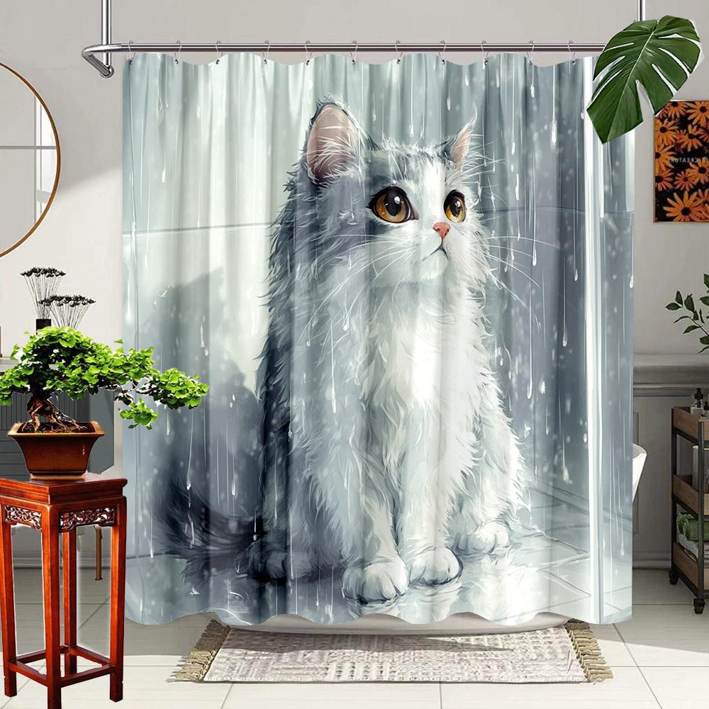 1Pc Fluffy White Cat Shower Curtain - Realistic Digital Illustration With Yellow Eyes & Pink Nose, Soft Muted Colors