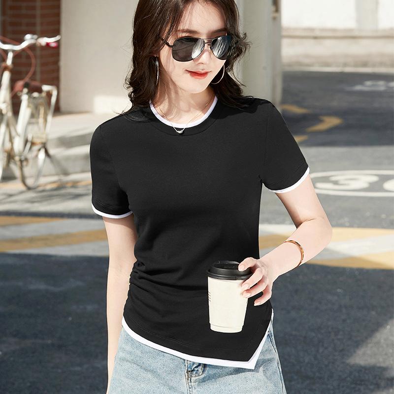 Tricou de damă cu mânecă scurtă, în stil chinezesc, cu margini contrastante mici, cu gât rotund, 2024, îmbrăcăminte de primăvară și vară, versatil, bumbac, elastic, slim fit