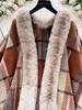 Autumn Winter Vintage Outerwear with Fur Collar Knitted Cardigan Tops for Women Loose Elegant Plaid Shawl Cloak Coat L66