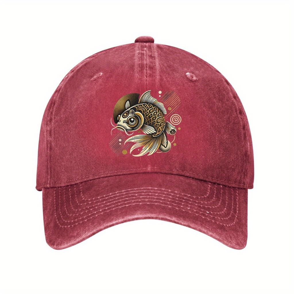Golden Koi Fish Graphic Baseball Cap Unisex Adult Denim Washed Casual Adjustable Outdoor Sun Protection Cap
