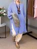 2026 summer new European and American women's solid color round neck seven-quarter sleeve casual linen split-ended long top