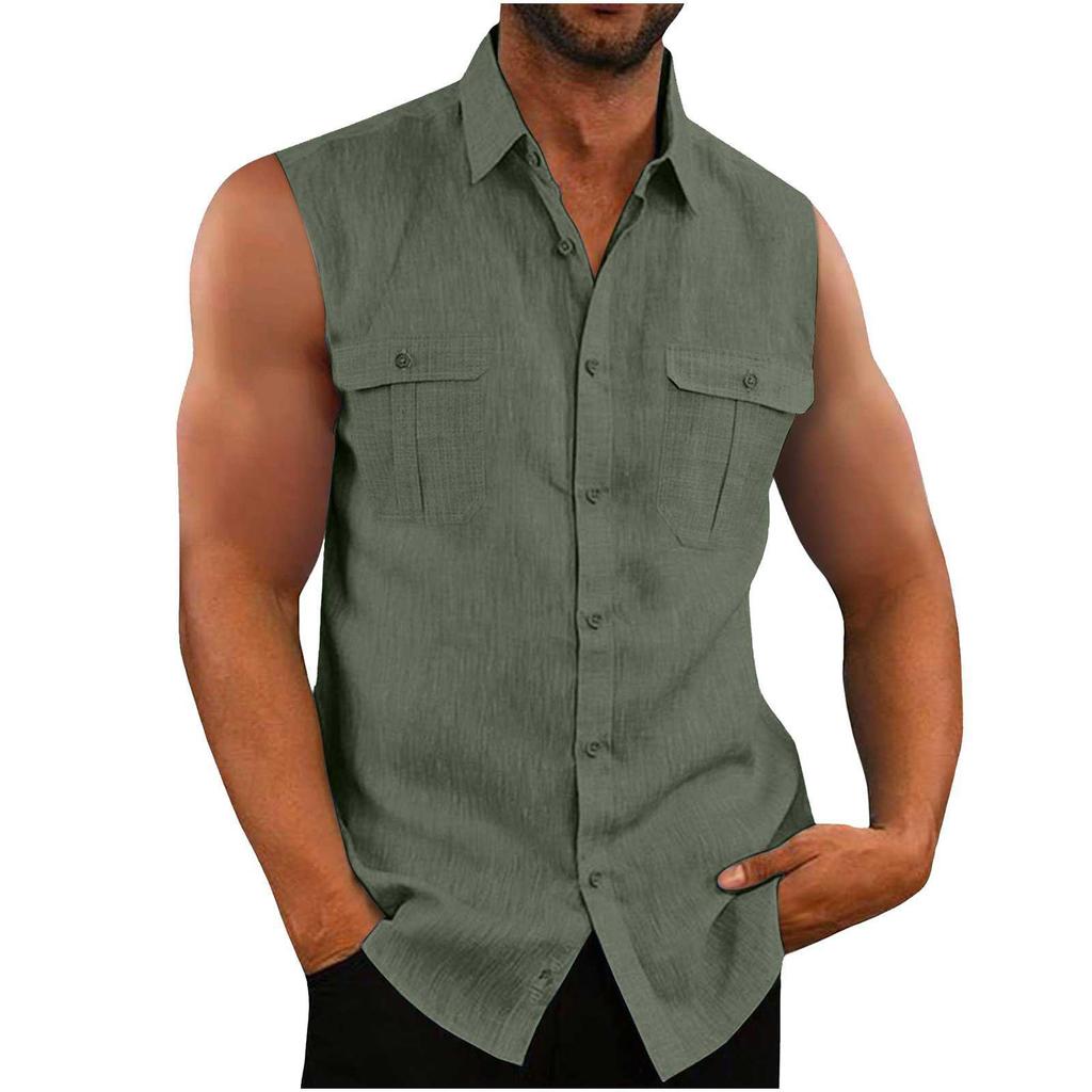 Men's Shirt Double Pocket Cotton Linen Sleeveless Shirt Comfortable and Breathable Men's Tank Top