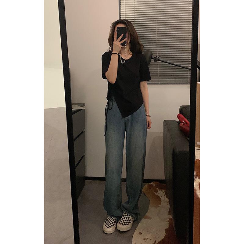 Short T-shirt for Women In Summer Short-sleeved New Drawstring Design Niche Irregular High-waisted Student Top