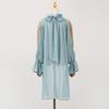 Women's Sleeveless Bell Sleeve Top with High Neck and Crop Hem In Light Blue