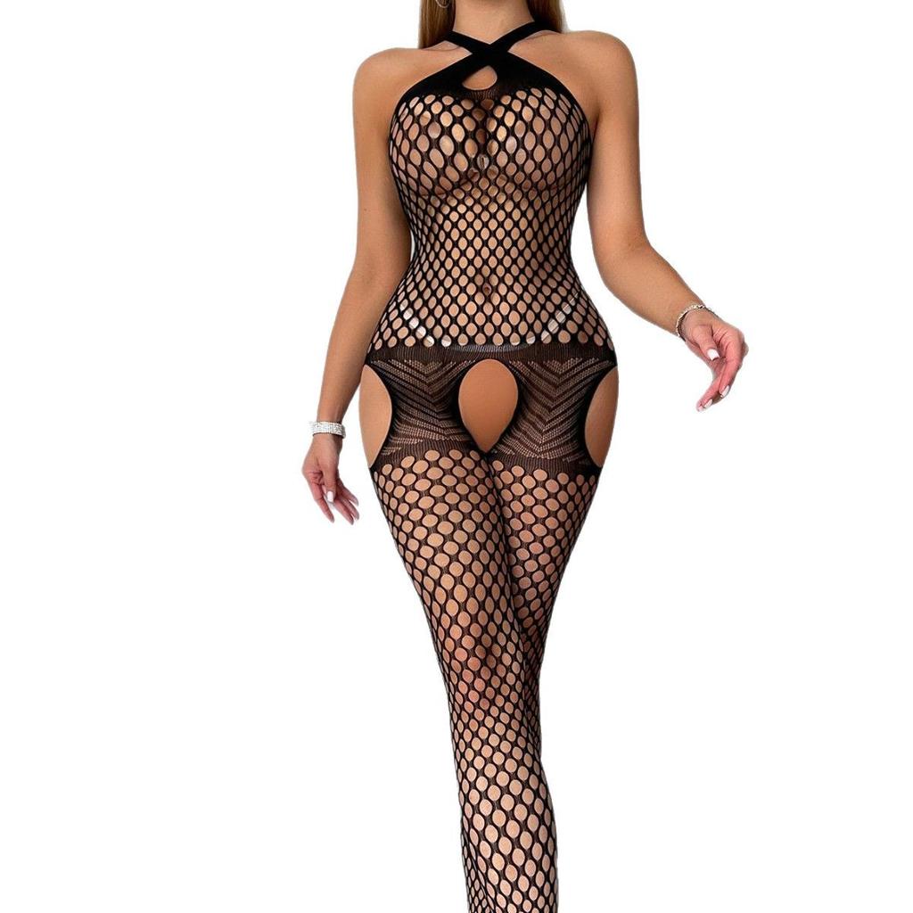 Sex Underwear Chest Hanging Sexy One-Piece Jacquard Mesh Open Crotch Pajamas Socks 8100