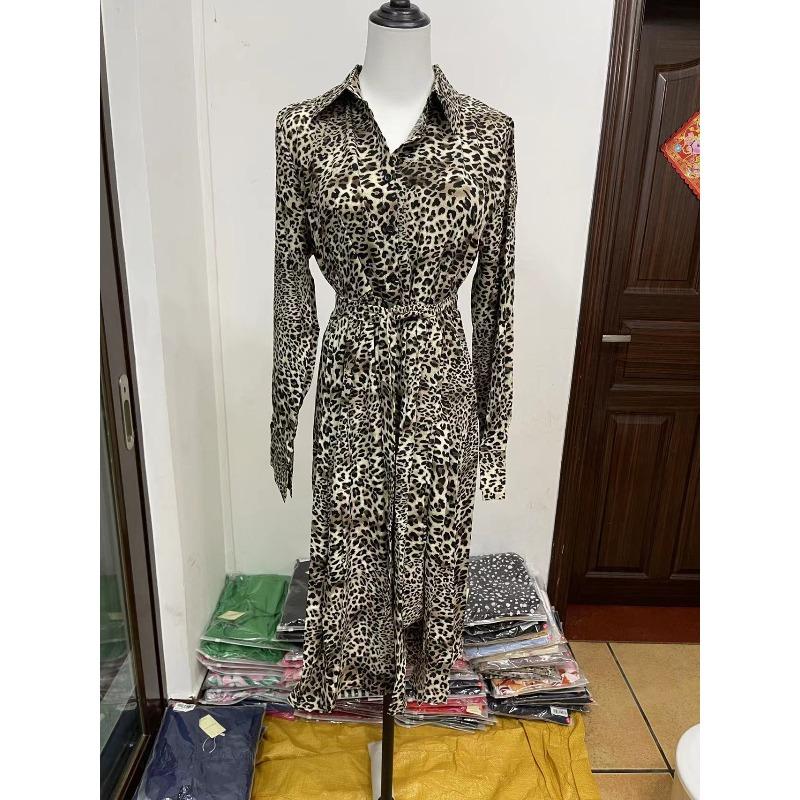 Women's Leopard Print Dress Spring Long Sleeve Lapel Lace-up Button Up Loose Casual Sexy Dress Women Summer Elegant A Line Office Ladies Long Dresses