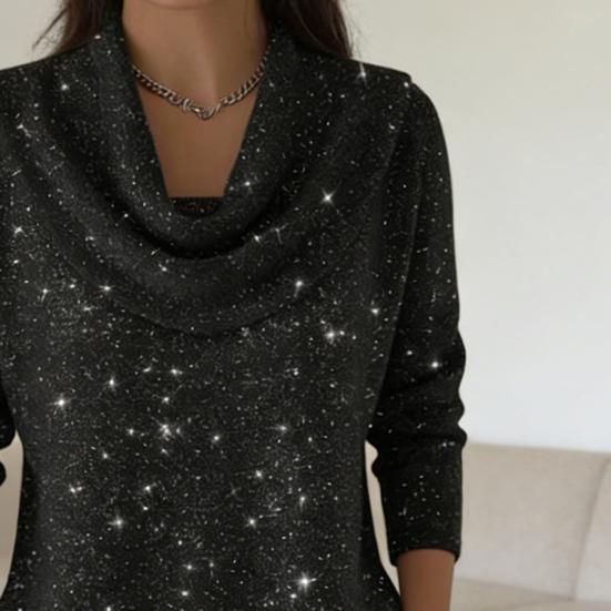 Women Tops Swing Collar Long Sleeve Shiny Rhinestones Pullover Tops Loose Fit Solid Color Flash