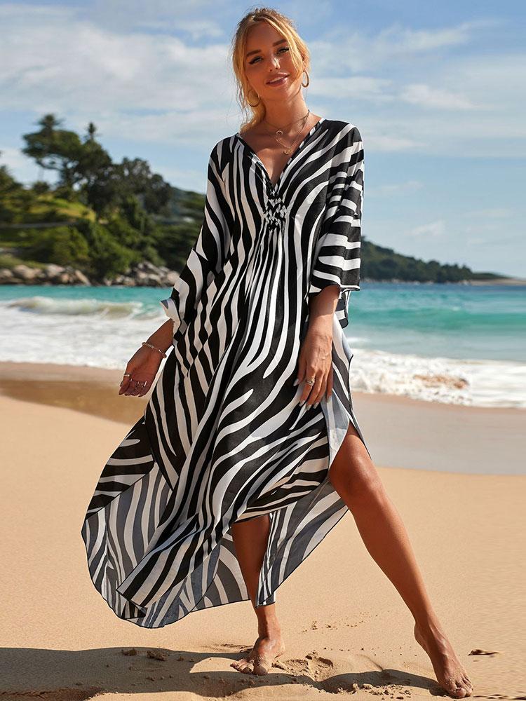 EDOLYNSA Bikini cu dungi cu zebră sexy acoperitoare casual cu decolteu în V, rochie de plajă de vară, îmbrăcăminte de plajă pentru femei, costum de baie, acoperire Q1297