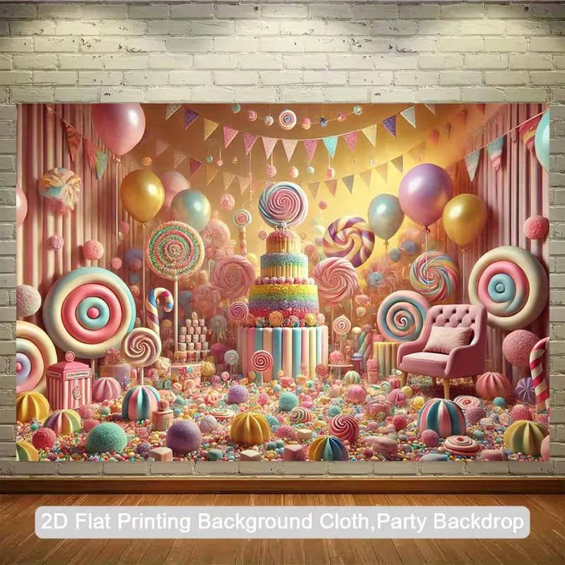 2D Flat Printing Candy Themed Backdrop with Giant Lollipops for Birthday and Baby Shower