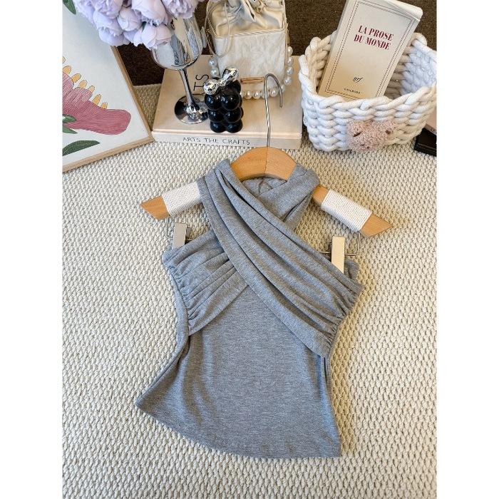 With chest pad, French temperament cross neck sling vest women's summer spice girl short slim-fit design top