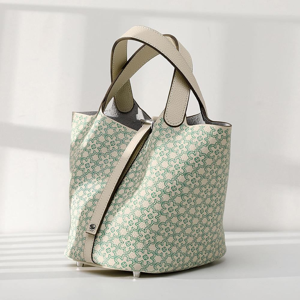 New leather first layer lychee pattern cowhide color matching vegetable basket women's bag fashion hand bag handbag bucket bag