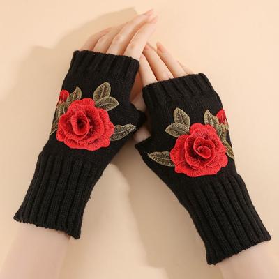 Halbfinger-Stickerei Gestrickte Handschuhe Blumen-Häkelblumen Fäustlinge Winter-Wollhandschuhe Outdoor