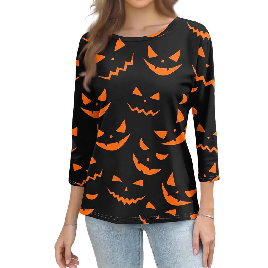 Women's Casual 3/4 Sleeve Crew Neck Top Halloween Themed Print Lightweight Pullover Blouse for Everyday Wear